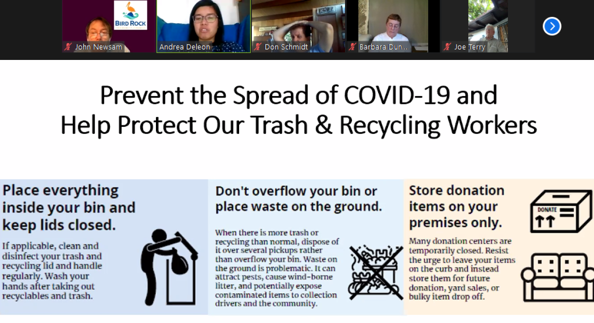 Using the share-screen feature on Zoom, Andrea Deleon shows the Bird Rock Community Council tips for safe trash disposal.