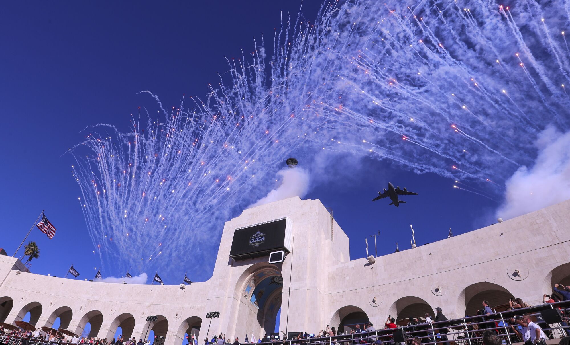 A view of fireworks and the C-17 flyover from McChord AFB in Washington during the national anthem.