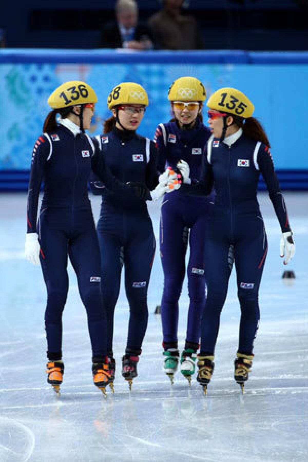 Alang Kim, Seung-Hi Park, Suk Hee Shim and Ha-Ri Cho of South Korea won the gold medal in women's 3,000-meter short-track speedskating relay.