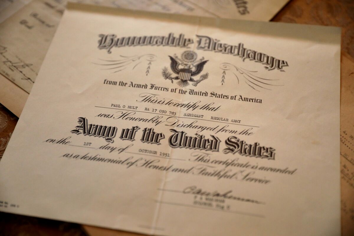 Paul Hult's honorable discharge papers from the U.S. Army.