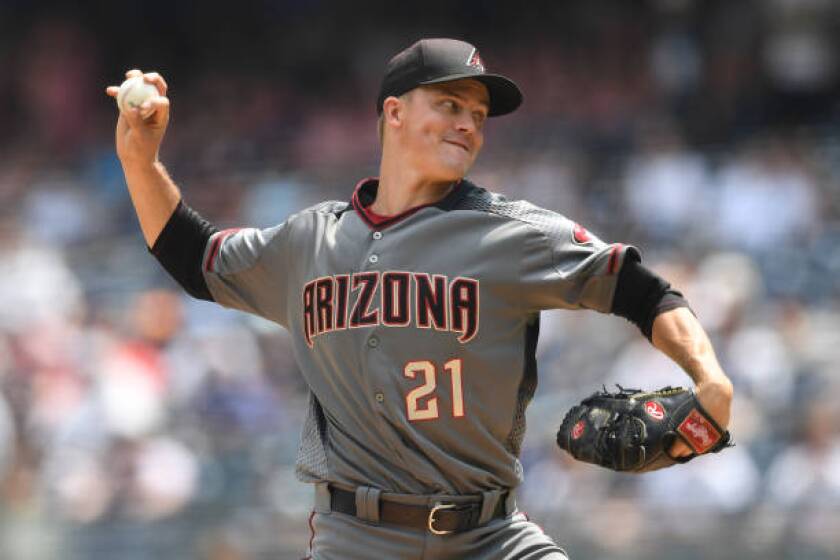 NEW YORK, NEW YORK - JULY 31: Zack Greinke #21 of the Arizona Diamondbacks pitches during the first inning of the game against the New York Yankees at Yankee Stadium on July 31, 2019 in the Bronx borough of New York City. (Photo by Sarah Stier/Getty Images)