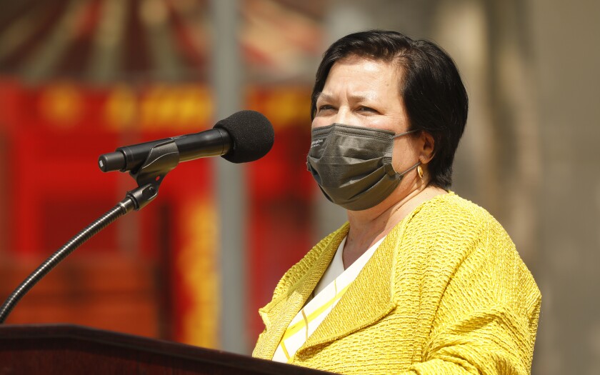 L.A. schools Interim Supt. Megan K. Reilly speaking at a recent event.