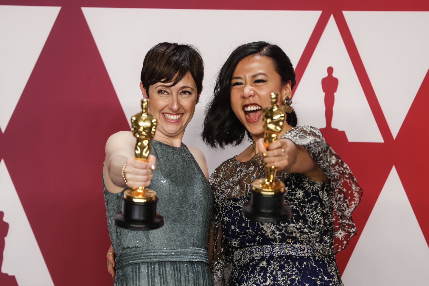 Becky Neiman-Cobb, left, and Domee Shi, winners of the animated short film Oscar for "Bao."