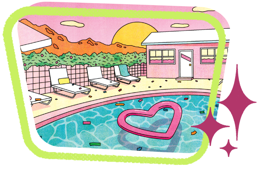 Colorful desert motel pool scene with lounge chairs, confetti, a heart-shaped floaty, and retro stars