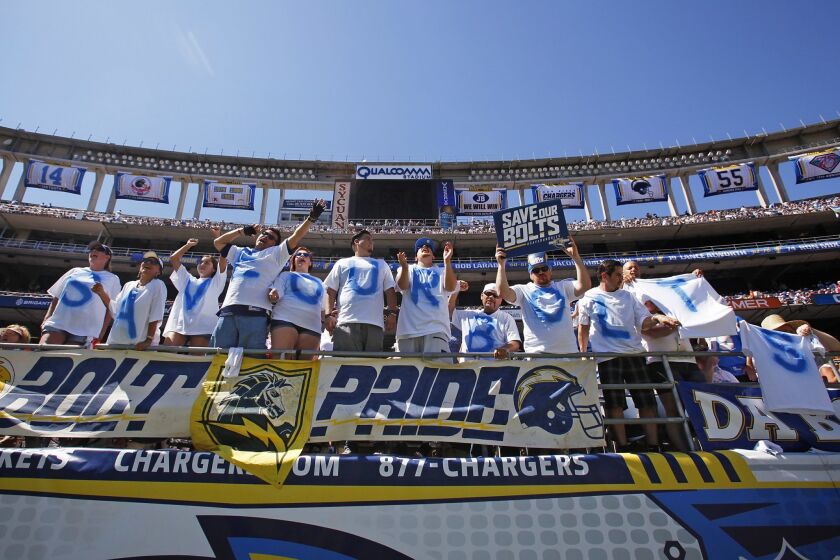 Fans spell out Save Our Bolts at the Chargers-Lions game at Qualcomm Stadium.
