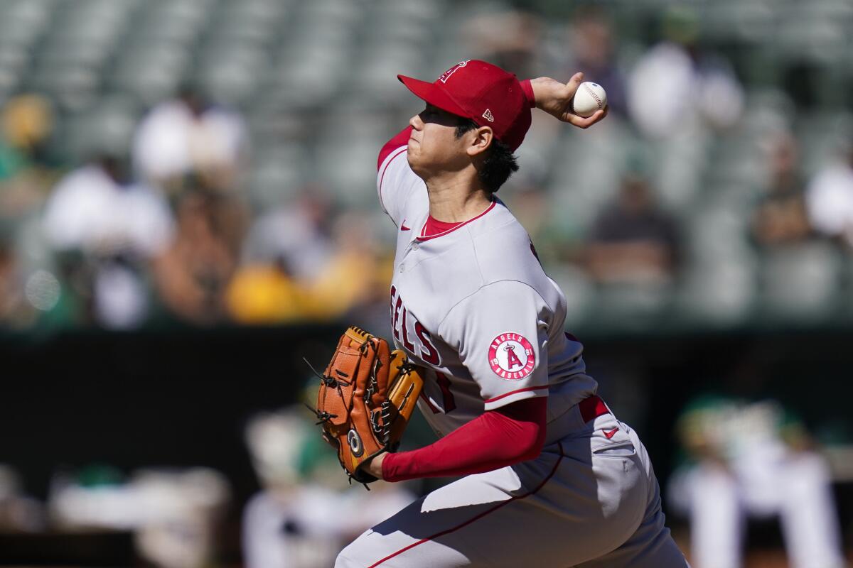 Angels' Shohei Ohtani pitches against the Oakland Athletics.