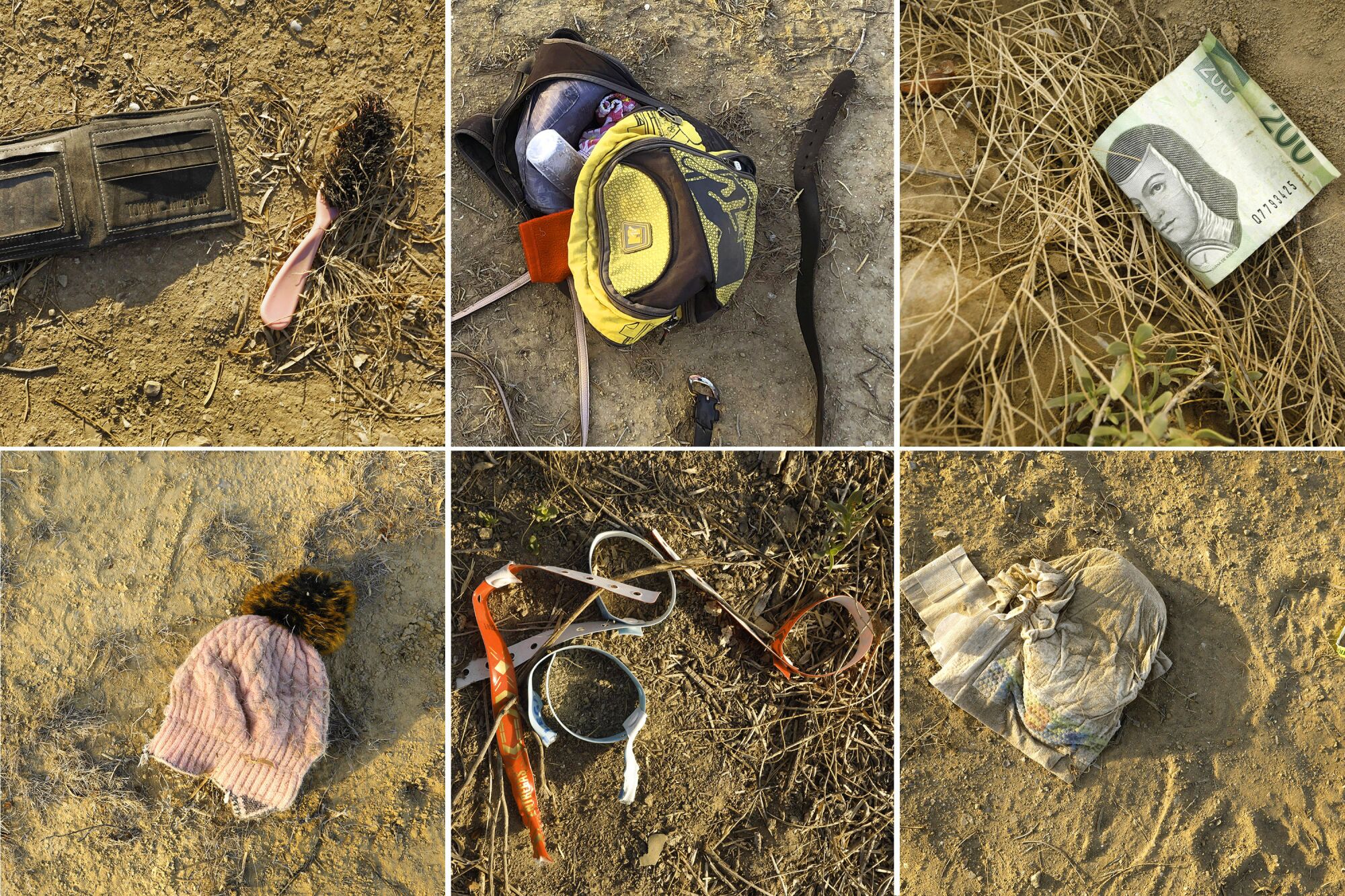 Collage of six photos of items like wallets, brushes, bags, diapers, hats, wristbands and money lying in the dirt