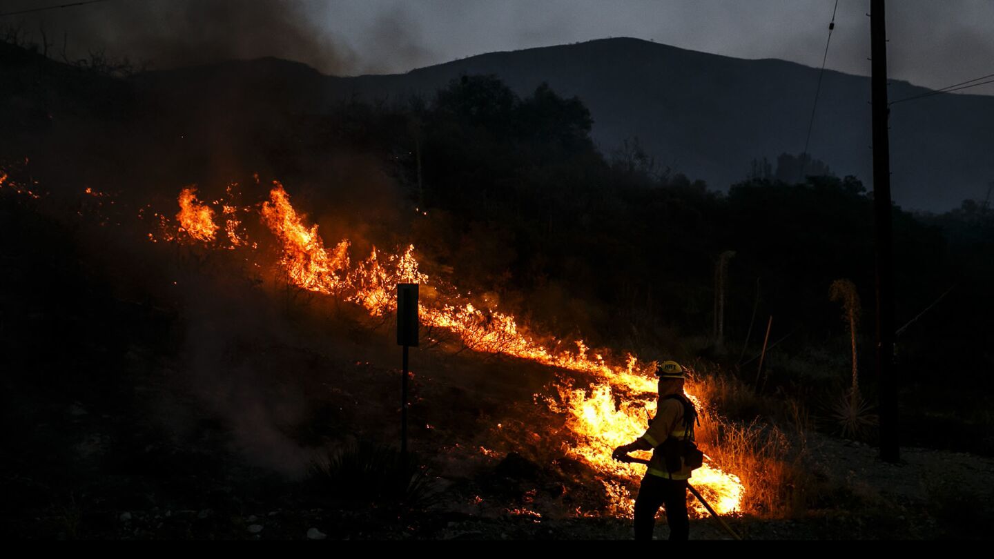 A firefighter monitors the Blue Cut fire on the side of Lytle Creek Road on Wednesday night.