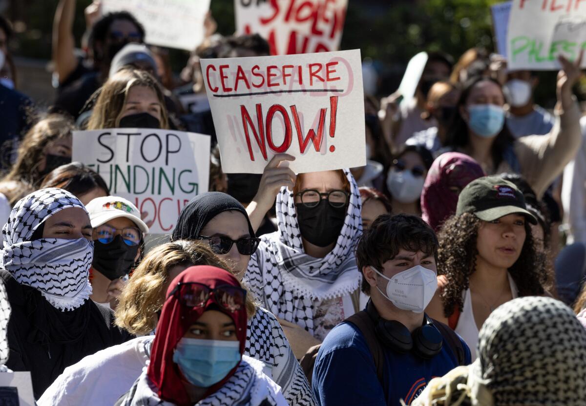 A person in a checkered headscarf holds a sign that says "Ceasefire Now" in a crowd of people, some also holding signs 