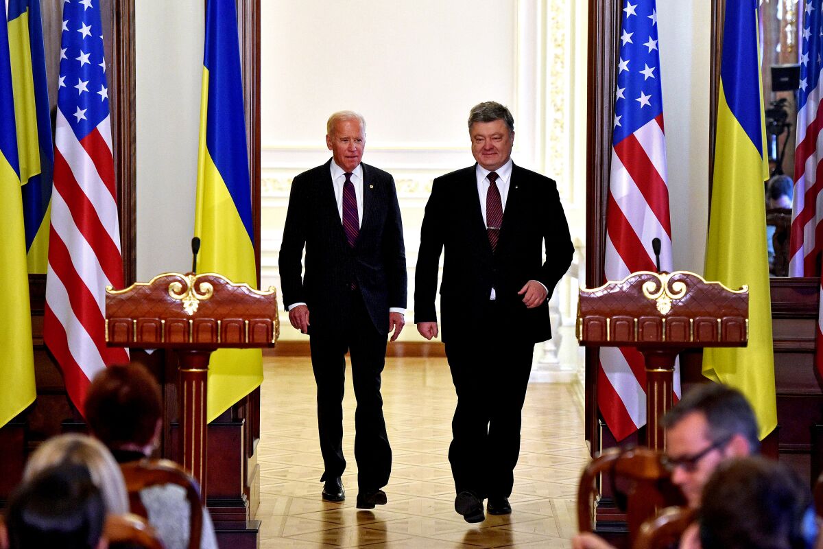 Then-President Petro Poroshenko of Ukraine and then-Vice President Joe Biden of the U.S. after their meeting in Kyiv on Jan. 16, 2017.