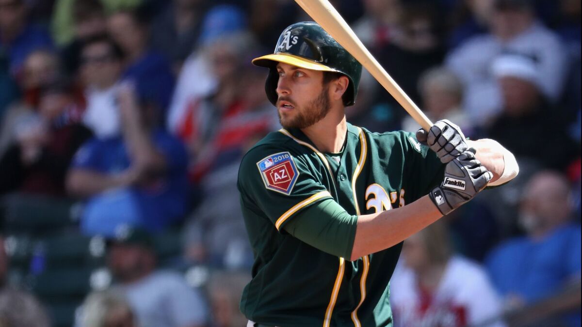 The Athletics' Dustin Fowler bats against the Chicago Cubs during the second inning of the spring training game at Sloan Park on Feb. 28, 2018, in Mesa, Ariz.