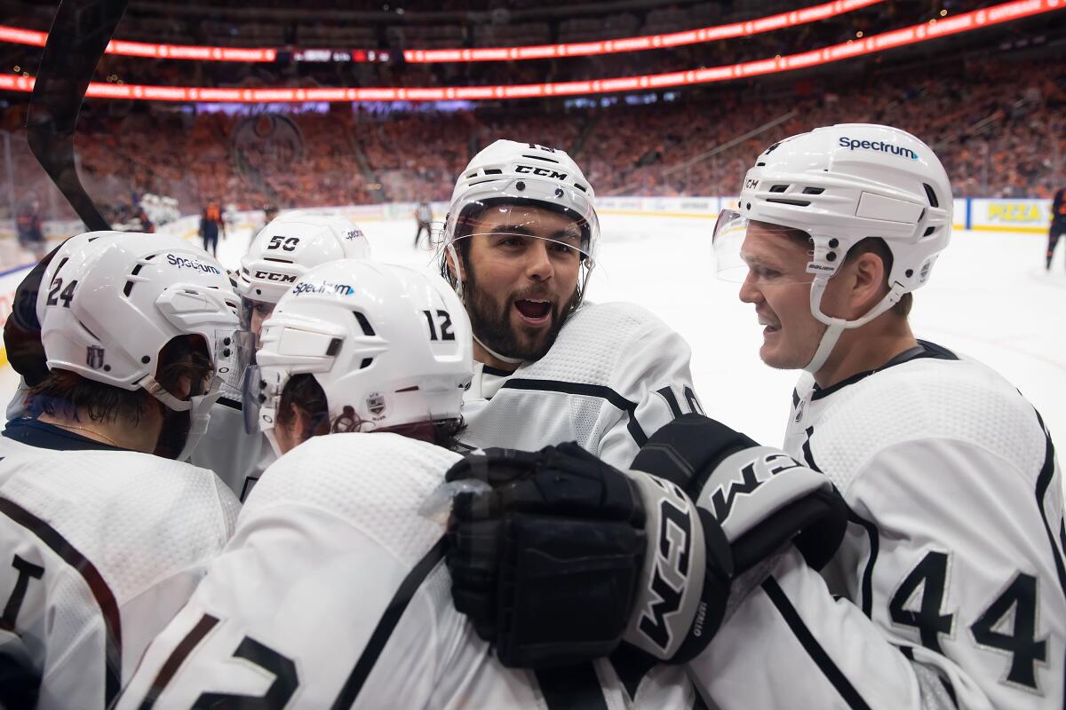 Kings celebrate a goal against the Edmonton Oilers.