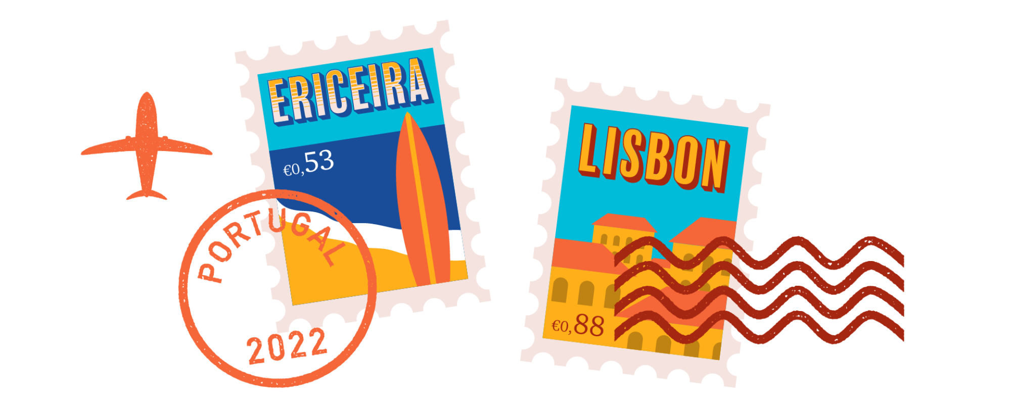 postage stamps for Ericeira and Lisbon, Portugal, illustrated with bright buildings and a surfboard on the beach