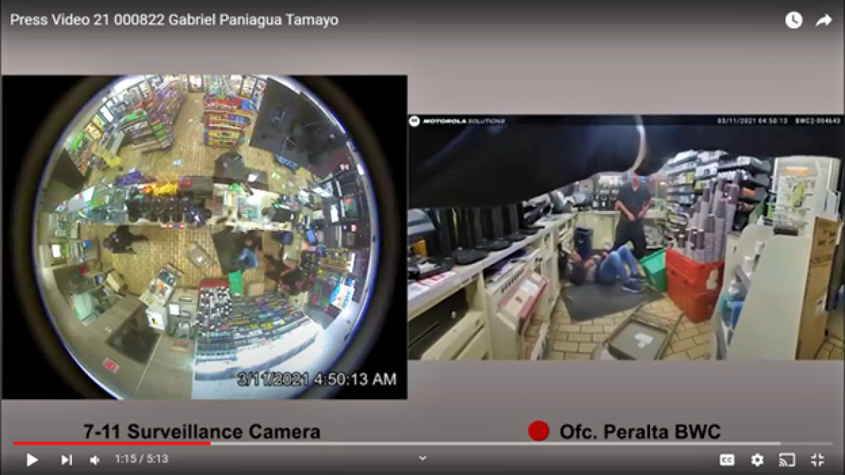 A surveillance camera and police body camera show the moment Officer Eloisa Peralta shot Gabriel Tamayo Paniagua in 2021.