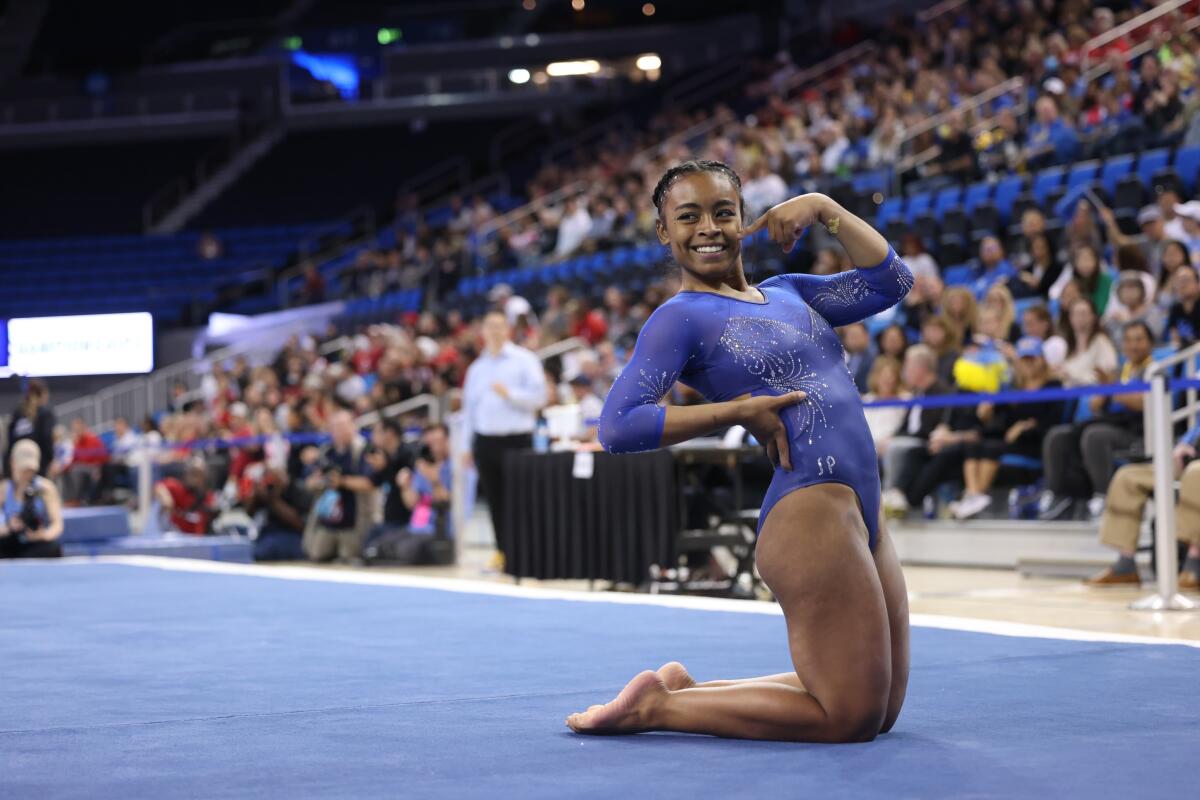 Selena Harris performs in floor exercise at the NCAA regional final on Saturday at Pauley Pavilion.