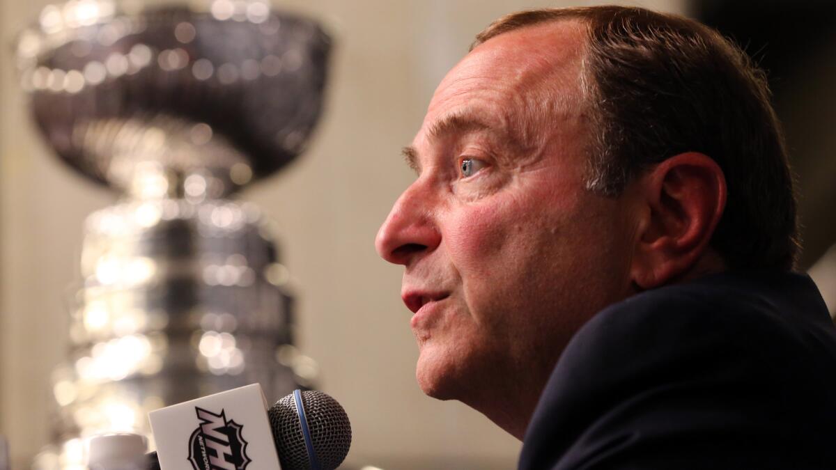 NHL Commissioner Gary Bettman speaks during a news conference at Staples Center before the start of Game 1 of the Stanley Cup Final between the Kings and New York Rangers.
