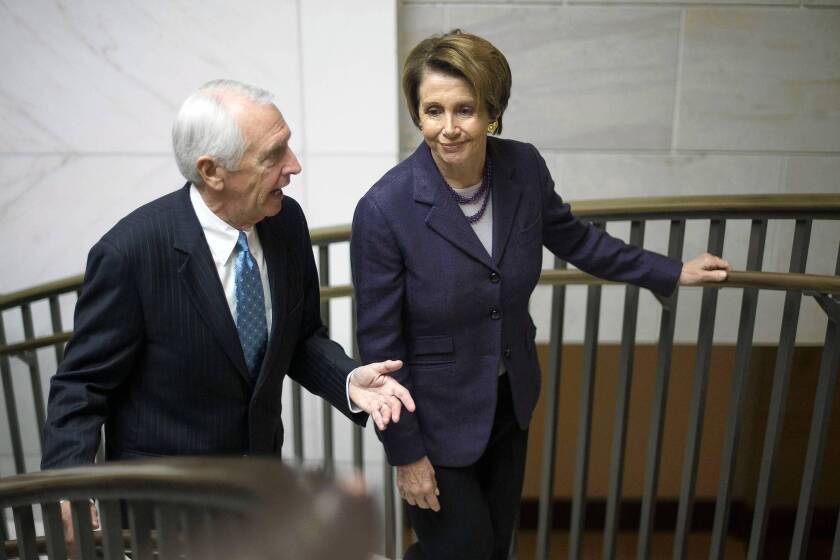 Kentucky Gov. Steve Beshear meets with House Minority Leader Nancy Pelosi (D-San Francisco) on a visit to Capitol Hill to discuss the Affordable Care Act.
