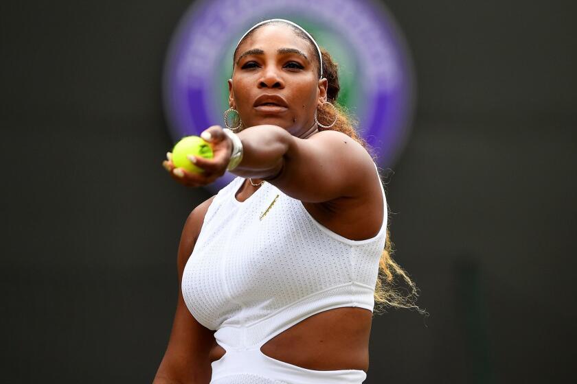 LONDON, ENGLAND - JULY 06: Serena Williams of The United States serves in her Ladies' Singles third round match against Julia Goerges of Germany during Day six of The Championships - Wimbledon 2019 at All England Lawn Tennis and Croquet Club on July 06, 2019 in London, England. (Photo by Mike Hewitt/Getty Images) ** OUTS - ELSENT, FPG, CM - OUTS * NM, PH, VA if sourced by CT, LA or MoD **