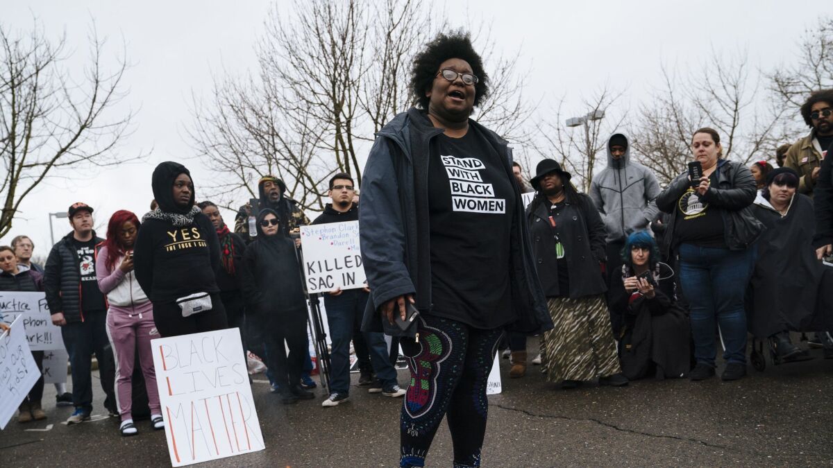 Demonstrators gathered outside of the Sacramento Police Department on Saturday after Sacramento County Dist. Atty. Anne Marie Schubert announced that two officers would not face charges in the fatal shooting of Stephon Clark in 2018.