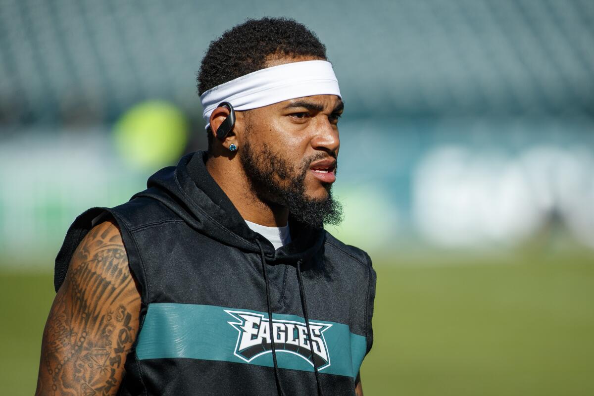 Philadelphia Eagles wide receiver DeSean Jackson  looks on before a game against the Chicago Bears in 2019.