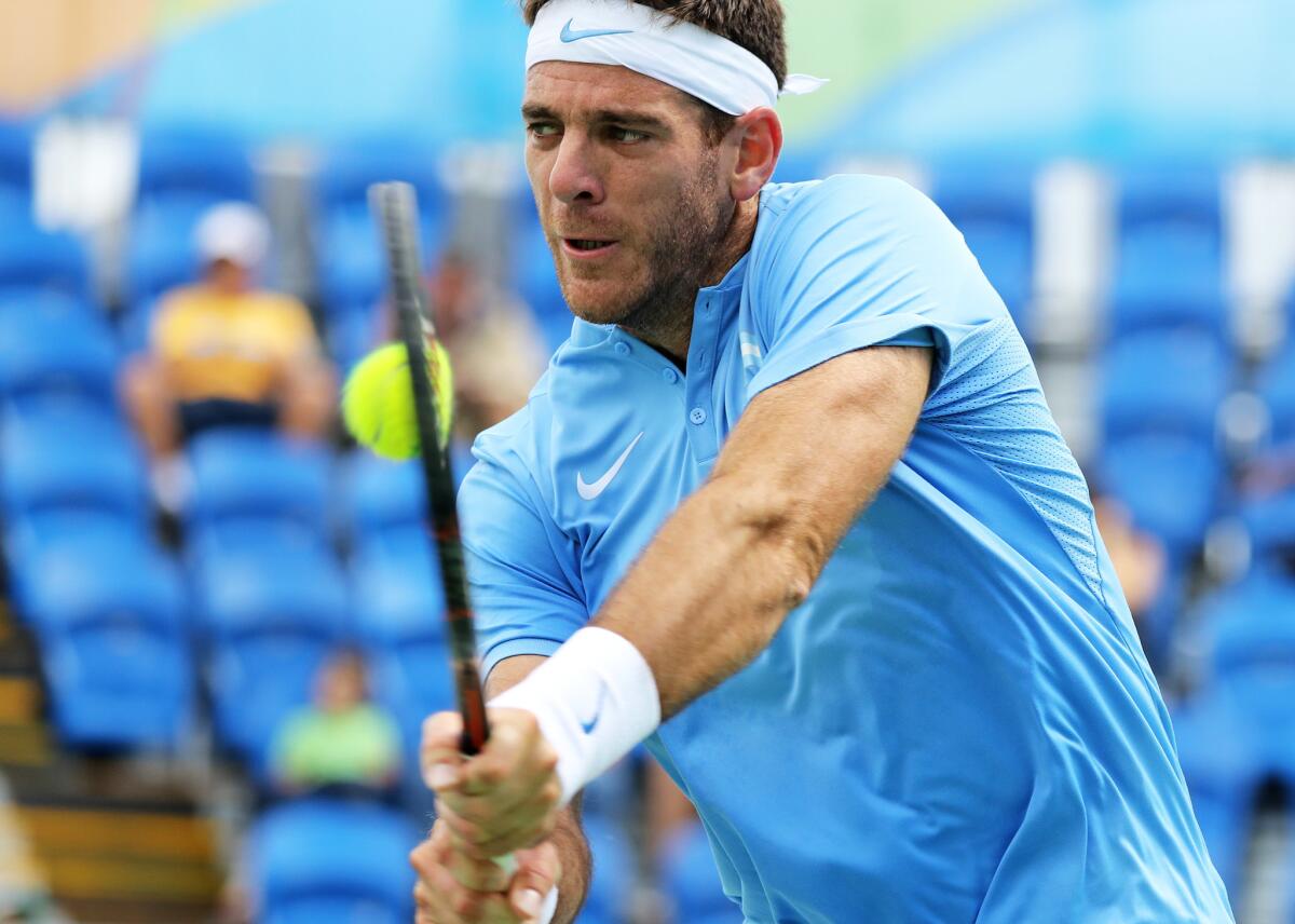 El tenista argentino Juan Martín del Potro devuelve la bola al japonés Daniel Taro hoy, jueves 11 de agosto de 2016, en el marco de los Juegos Olímpicos Río 2016 en Río de Janeiro (Brasil). Del Potro ganó a Taro (6-7(4), 6-1 y 6-2.