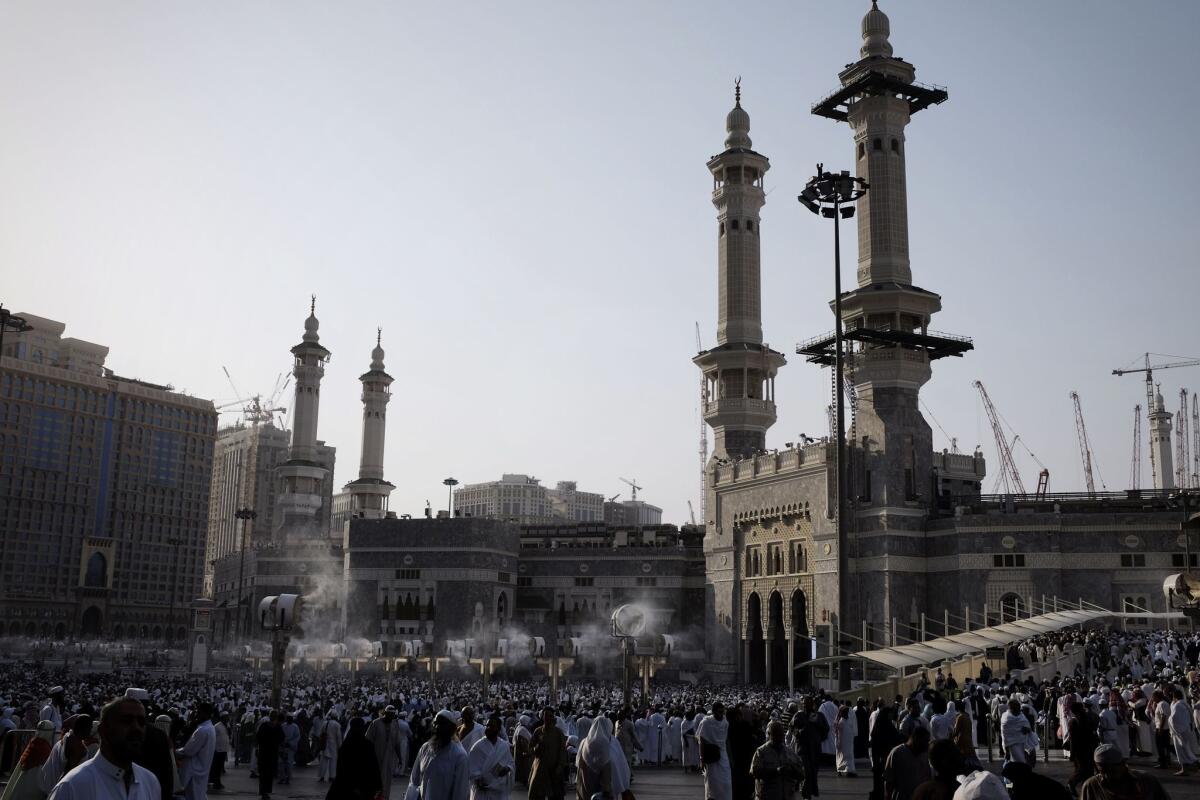 Muslim pilgrims arriving for the evening prayer Monday at the Grand Mosque in Mecca, Saudi Arabia, Islam's holiest site.