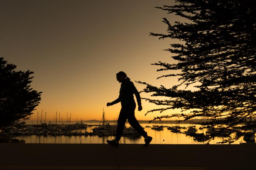 MONTEREY, CA---A woman walks on a trail adjacent to the scenic Monterey harbor. The state of California has acquired many homes throughout the state through eminent domain or has received them as gifts. Many of the properties are in regions that have very high property values or are located in very desirable places to live. Some of these residences are in Monterey and Carmel. Many are offered to state employees at a highly subsidized rate or aren't utilized at all.
