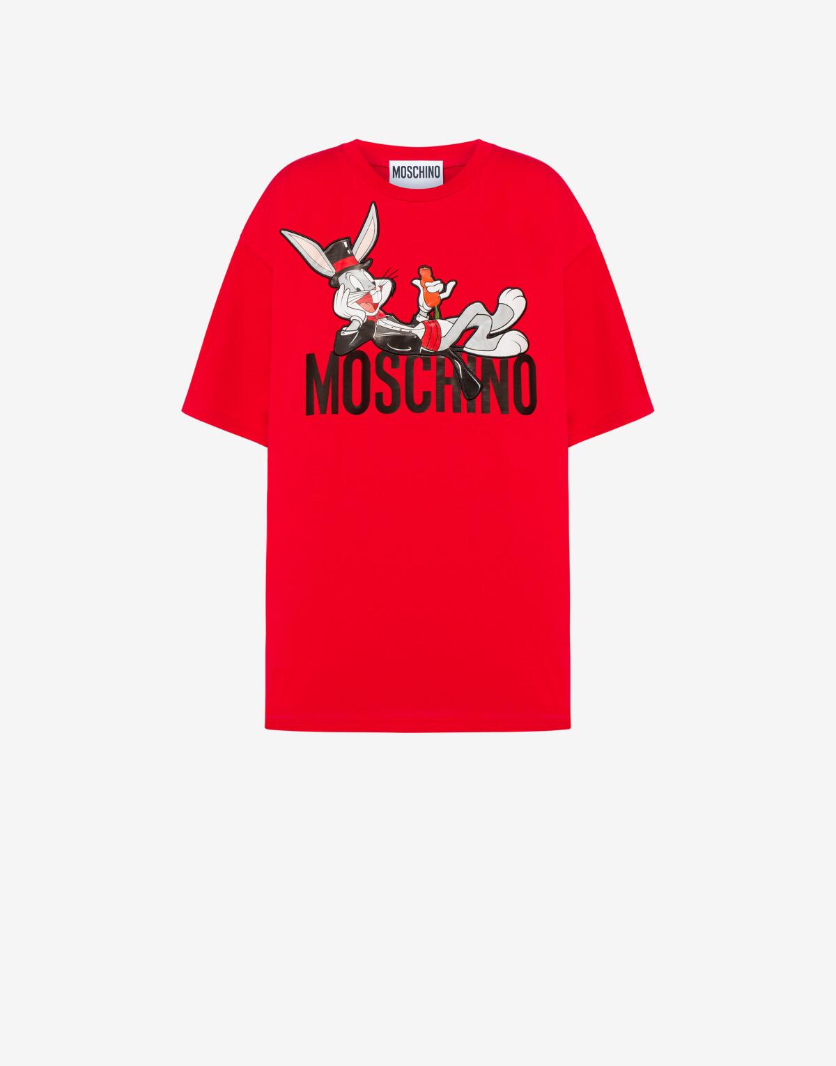 Red T-shirt with Bugs Bunny wearing a top hat and reclining on the word Moschino