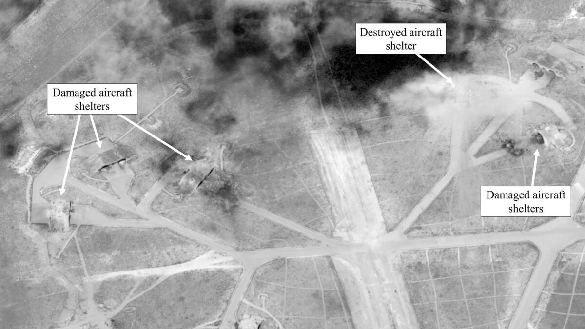A Defense Department satellite image shows a damage assessment of Shayrat air base in Syria after U.S. Tomahawk missile strikes on April 7.