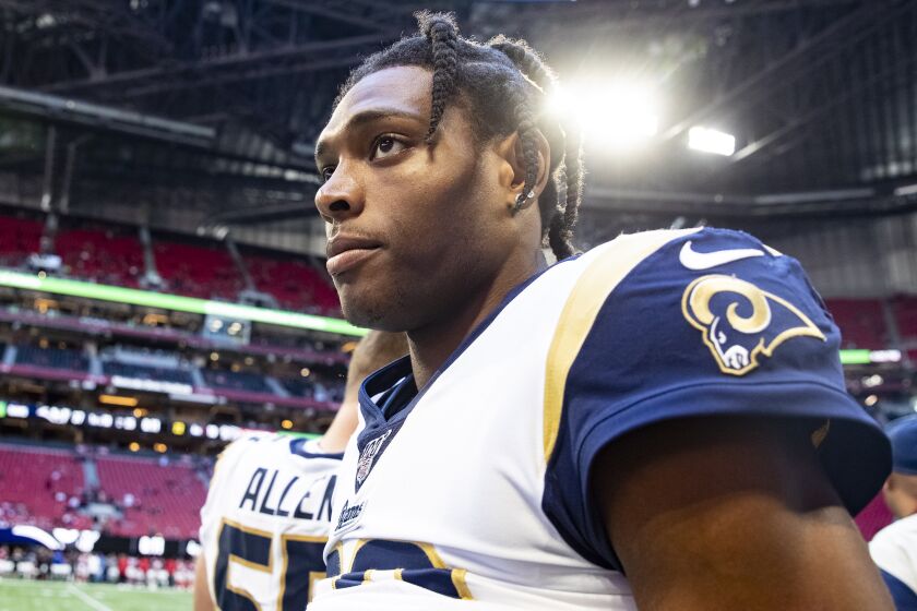 ATLANTA, GA - OCTOBER 20: Jalen Ramsey #20 of the Los Angeles Rams heads off the field following the game against the Atlanta Falcons at Mercedes-Benz Stadium on October 20, 2019 in Atlanta, Georgia. (Photo by Carmen Mandato/Getty Images)