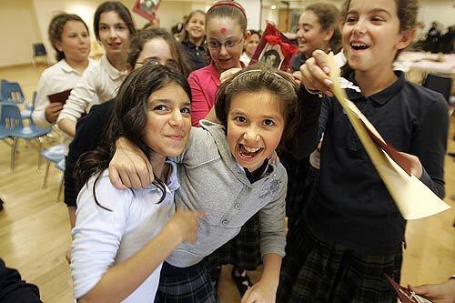 Bais Chaya Mushka School for Girls third-, fourth- and fifth-graders during a break in their school day at Chabad of California's school on West Pico Boulevard.