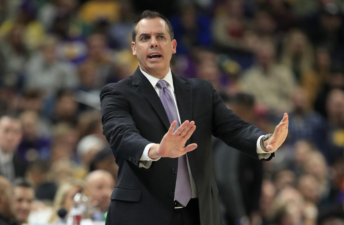 Lakers coach Frank Vogel gives instructions to his player during a game against the Pacers on Dec. 17, 2019, at Indianapolis.