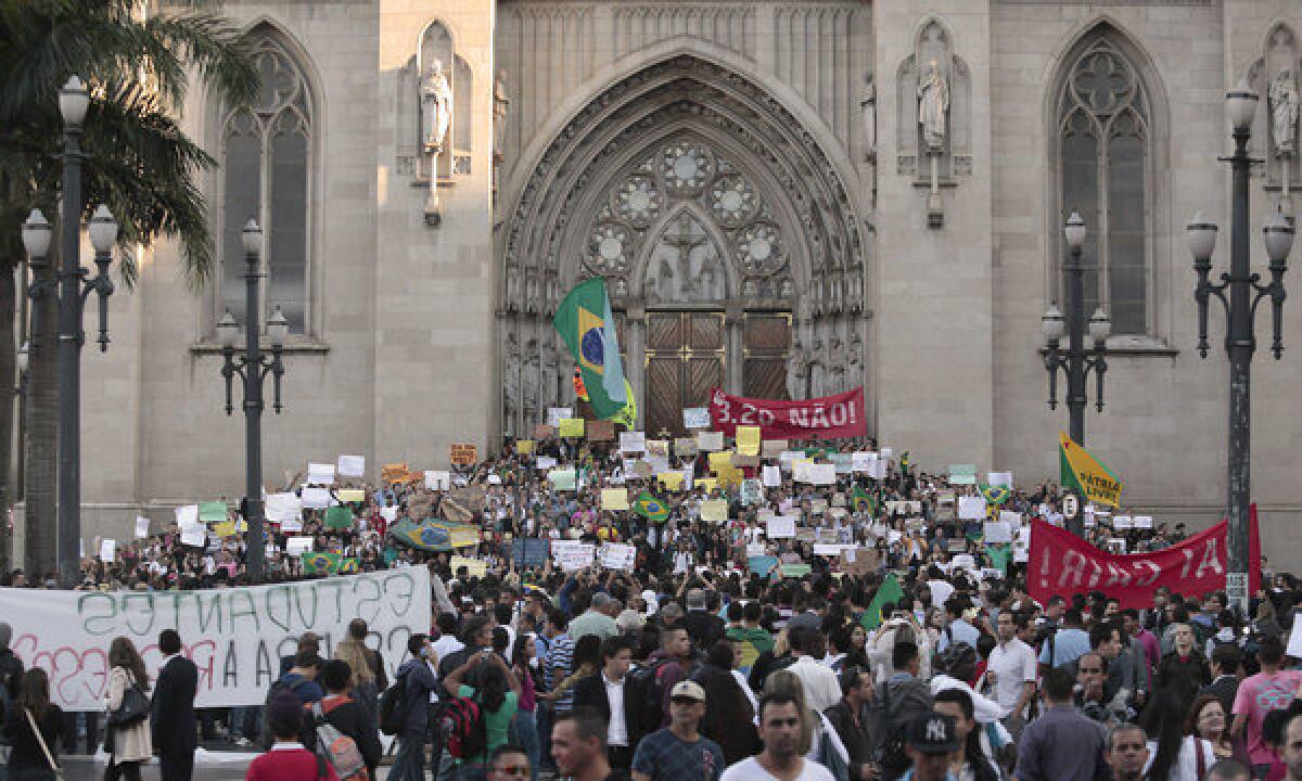 Students protesting rising transportation fares take part in a demonstration in Sao Paulo, Brazil.
