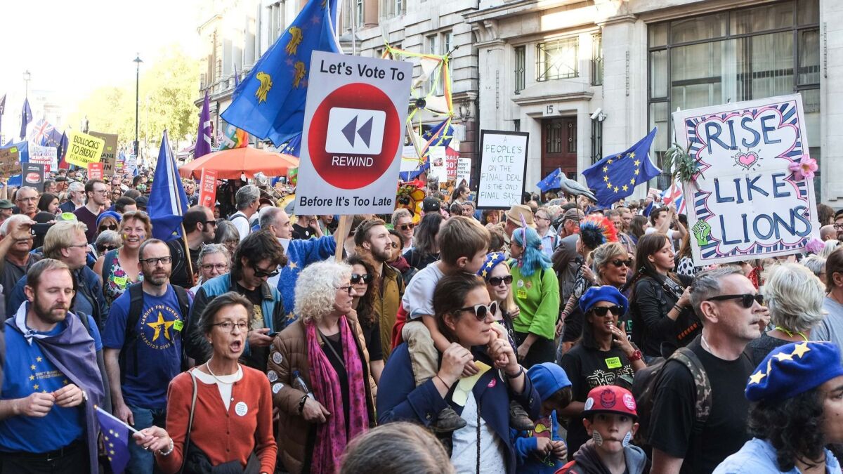 Anti-Brexit demonstrators march Oct. 20 in London to demand a new vote on leaving the European Union.