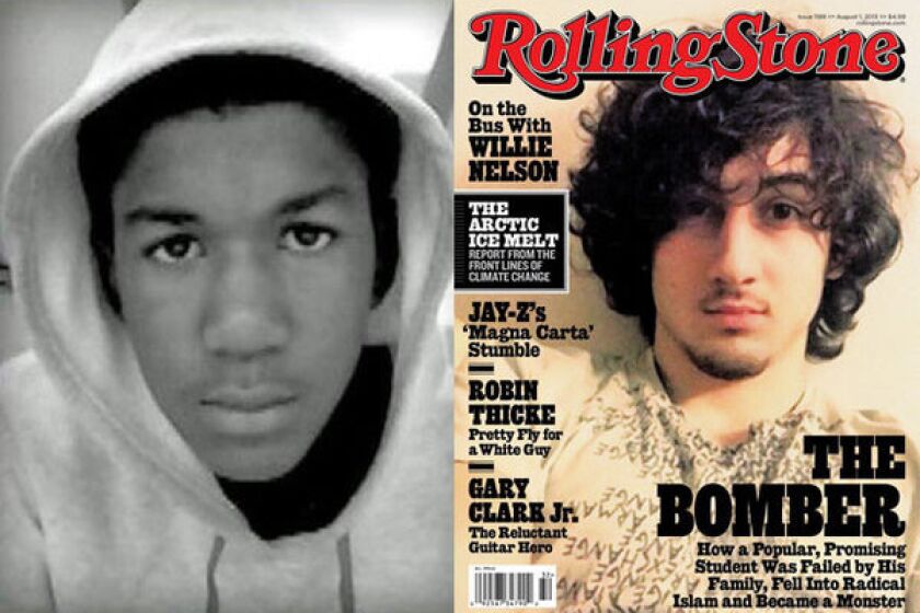 Trayvon Martin, left, is shown in an undated family photo, and Dzhokhar Tsarnaev, right, is portrayed on the cover of Rolling Stone magazine.