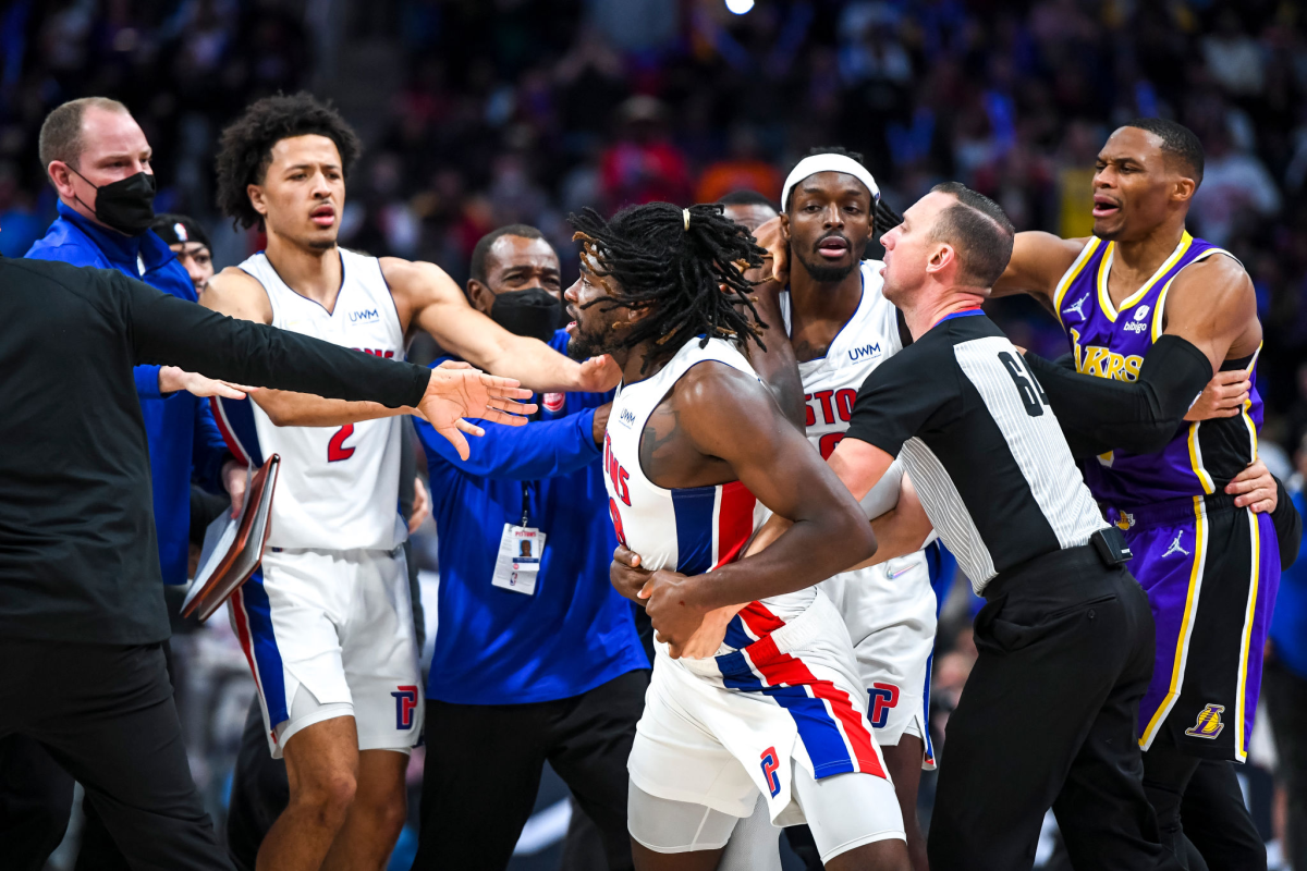 Isaiah Stewart is restrained as he goes after LeBron James during the third quarter.