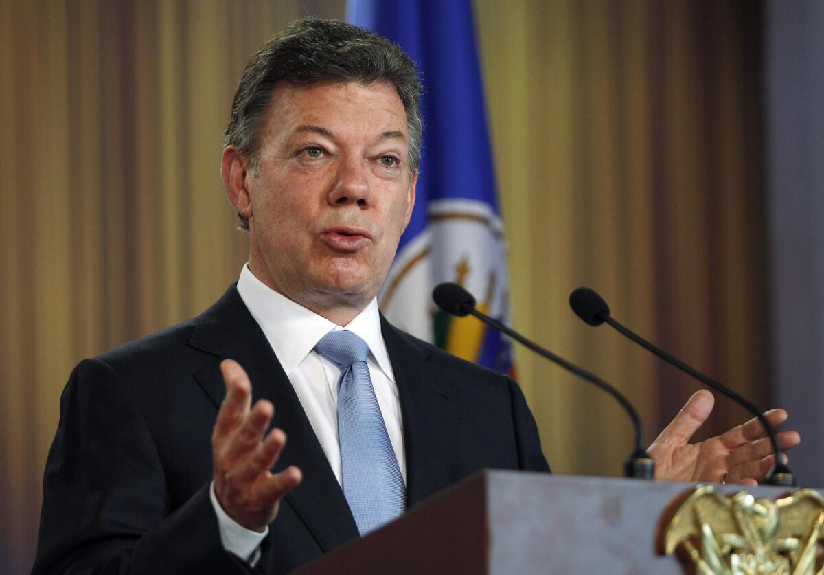 Colombian President Juan Manuel Santos speaks at a May 17 news conference in Bogota.