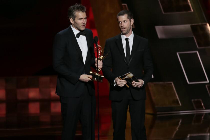 LOS ANGELES, CA., September 20, 2015: David Benioff and D.B. Weiss on stage to accept the Emmy for Outstanding Writing For A Drama Series at the 67th Annual Primetime Emmy Awards at the Microsoft Theater in Los Angeles, CA. (Robert Gauthier / Los Angeles Times)