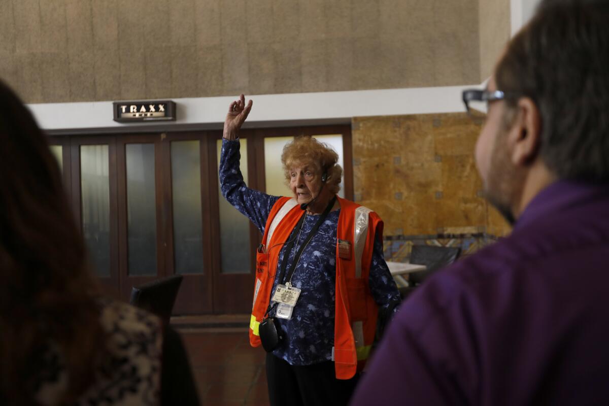 Docent Maurine Kornfeld, 97, leads tours for Los Angeles Metro at downtown’s Union Station, in Los Angeles. While swimming sometimes she goes over what she is going to say during her tours. (Francine Orr / Los Angeles Times)