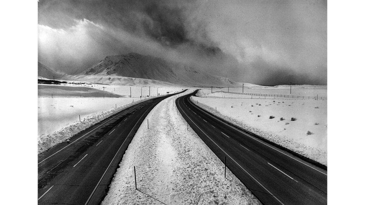 Feb. 23, 1980: A stretch of Route 395 near Crowley Lake is empty after heavy snow.