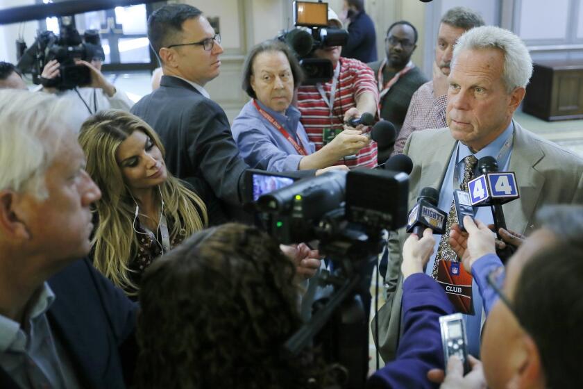 New York Giants owner Steve Tisch speaks to the media after a morning session at an NFL owners meeting in Irving, Texas, on Wednesday.