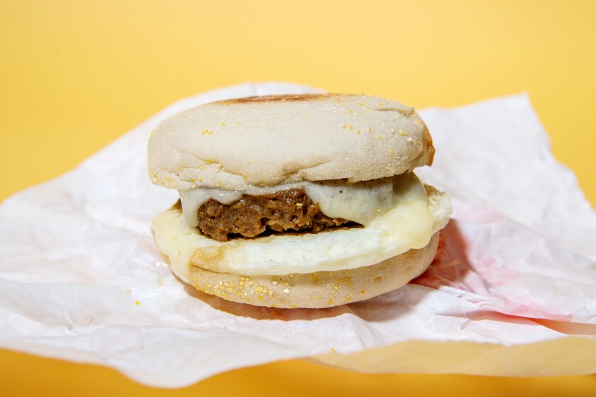 The Beyond Sausage breakfast sandwich from Dunkin' Donuts.