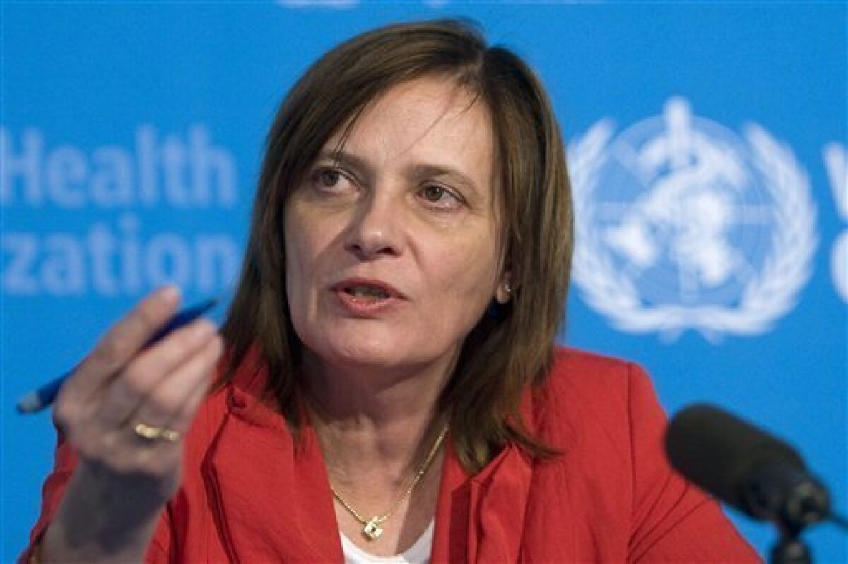 French Marie-Paule Kieny, Director of the Initiative for Vaccine Research of the World Health Oorganisation (WHO), informs the media about the H1N1 Flu during a new global press conference at the World Health Organisation (WHO) headquarters in Geneva, Switzerland, Friday, May 1, 2009. The WHO said on Friday that tests had shown the current seasonal vaccine against flu would have little effect against the new H1N1 strain. "There is very little chance that the seasonal vaccine ... will be effective against this particular virus," Marie-Paule Kieny, director of the WHO's initiative for vaccine research, told a news conference. (AP Photo/Keystone, Salvatore Di Nolfi)