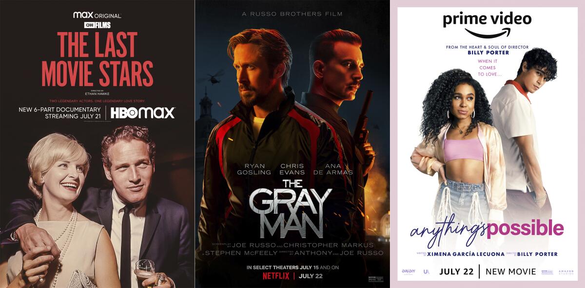 This combination of images shows promotional art for "The Last Movie Stars," a documentary streaming on HBO Max on July 21, left, "The Gray Man," a film premiering July 22 on Netflix and "Anything's Possible, a film premiering on Amazon Prime Video on July 22. (HBO Max/Netflix/Prime Video via AP)