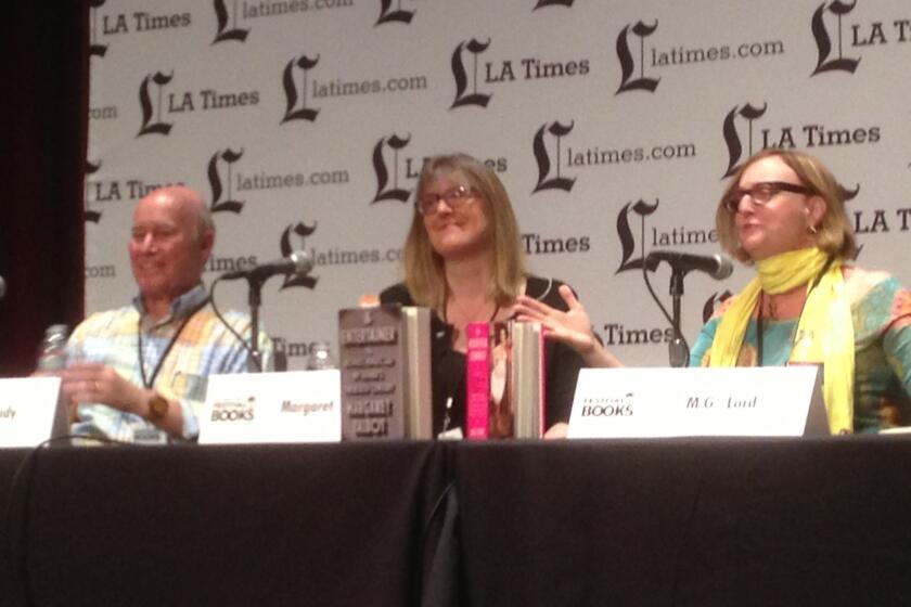 Leo Braudy, left, Margaret Talbot and M.G. Lord discuss the significance of TInseltown at Saturday's Festival of Books.