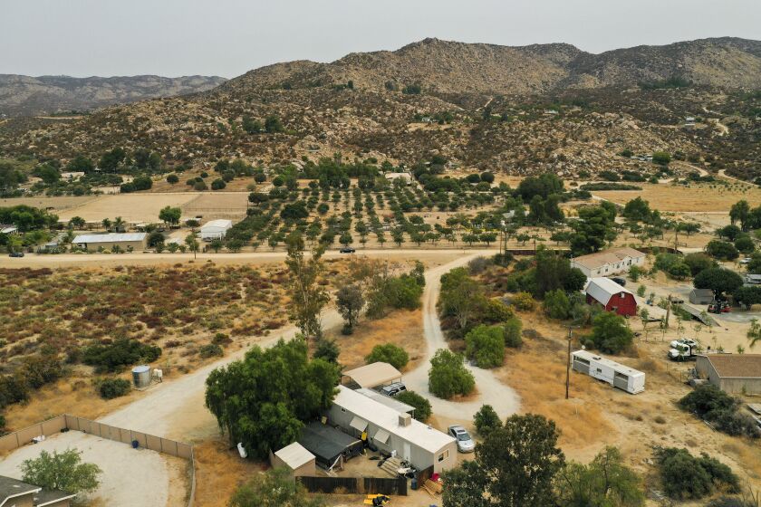 AGUANGA, CA - SEPTEMBER 08: Aerial view of the property in Aguanga, where seven people were shot to death over Labor Day weekend at an illegal marijuana grow house in Riverside County Tuesday, Sept. 8, 2020. (Allen J. Schaben / Los Angeles Times)