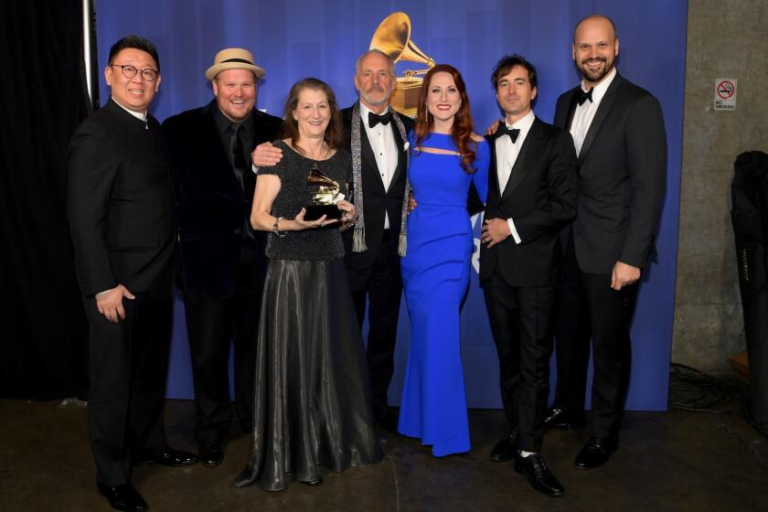 LOS ANGELES, CA - FEBRUARY 10: Winners of Best Opera Recording for 'Bates: The (R)evolution Of Steve Jobs' pose backstage at the 61st Annual GRAMMY Awards Premiere Ceremony at Microsoft Theater on February 10, 2019 in Los Angeles, California. (Photo by Emma McIntyre/Getty Images for The Recording Academy) ** OUTS - ELSENT, FPG, CM - OUTS * NM, PH, VA if sourced by CT, LA or MoD **