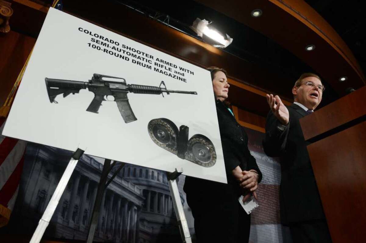 Sen. Robert Menendez (D-N.J.) and Rep. Diana DeGette (D-Col.) participate in a news conference on gun safety earlier this year.