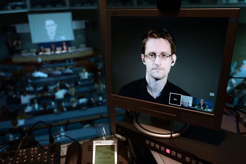 Edward Snowden is seen via live video link from Russia during a parliamentary hearing at the Council of Europe in Strasbourg, France, last June.