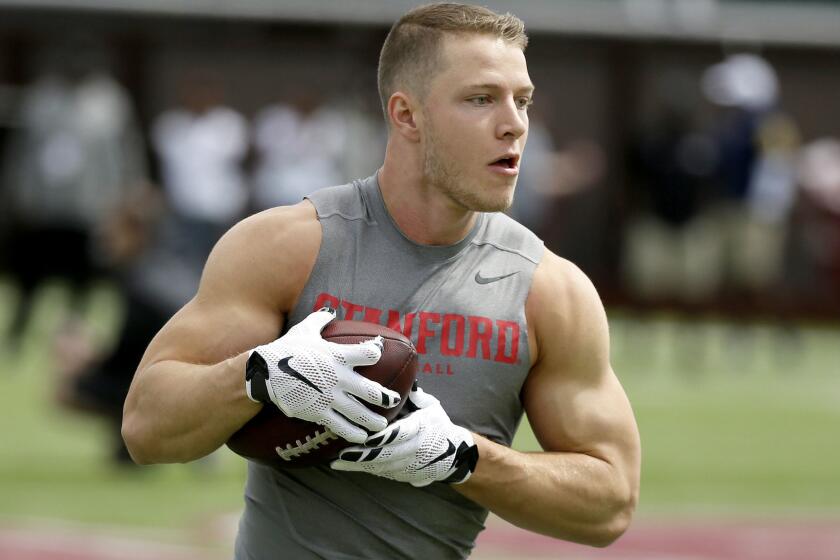 Stanford running back Christian McCaffrey during NFL football pro day Thursday, March 23, 2017, in Stanford, Calif. (AP Photo/Eric Risberg)